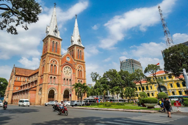 City view of the Notre DAme Cathedral and Old Saigon Post Office.