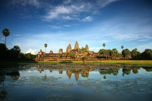 View over the lotus pond in front of Angkor Wat Temple.