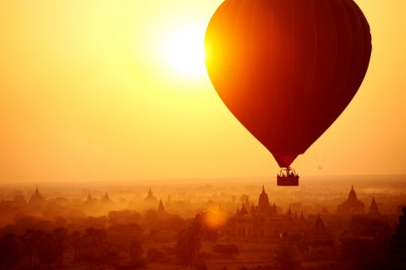 Hot Air balloon over thousands of temples in Bagan, Myanmar