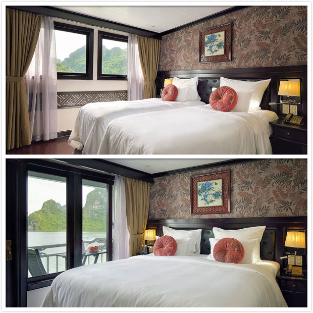 Deluxe Cabins with and without balcony on Paradise Prestige Crusie Halong Bay, Vietnam. 