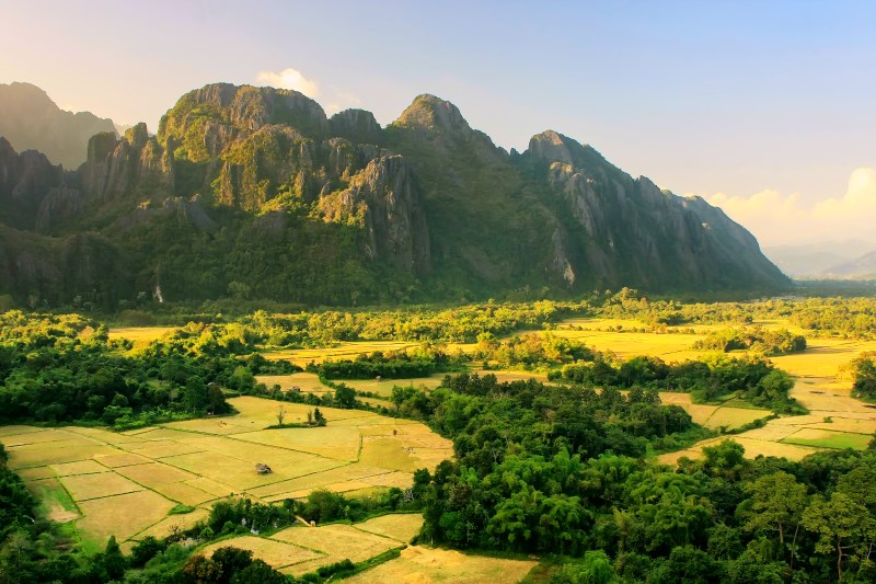 Vang Vieng Landscape of Karst Hills and Rice Paddies