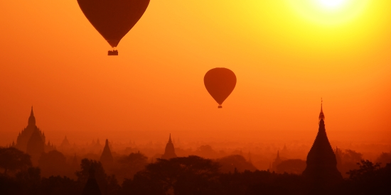 silhouette view of Bagan and a balloon