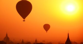 silhouette view of Bagan and a balloon